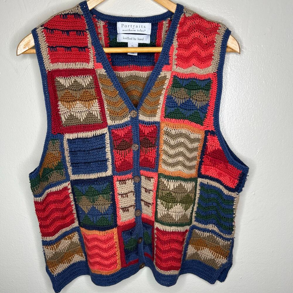 80s Portraits by Northern Isles Sweater Vest XL Granny Square Hand Knitted Vtg